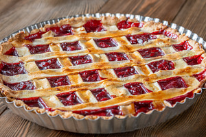 Freshly baked lattice-top cherry pie, a Food & Drink Photo by Alexander Prokopenko