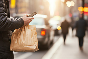 Man holding phone and food bag on ci, a Photo by Dvoevnore photos