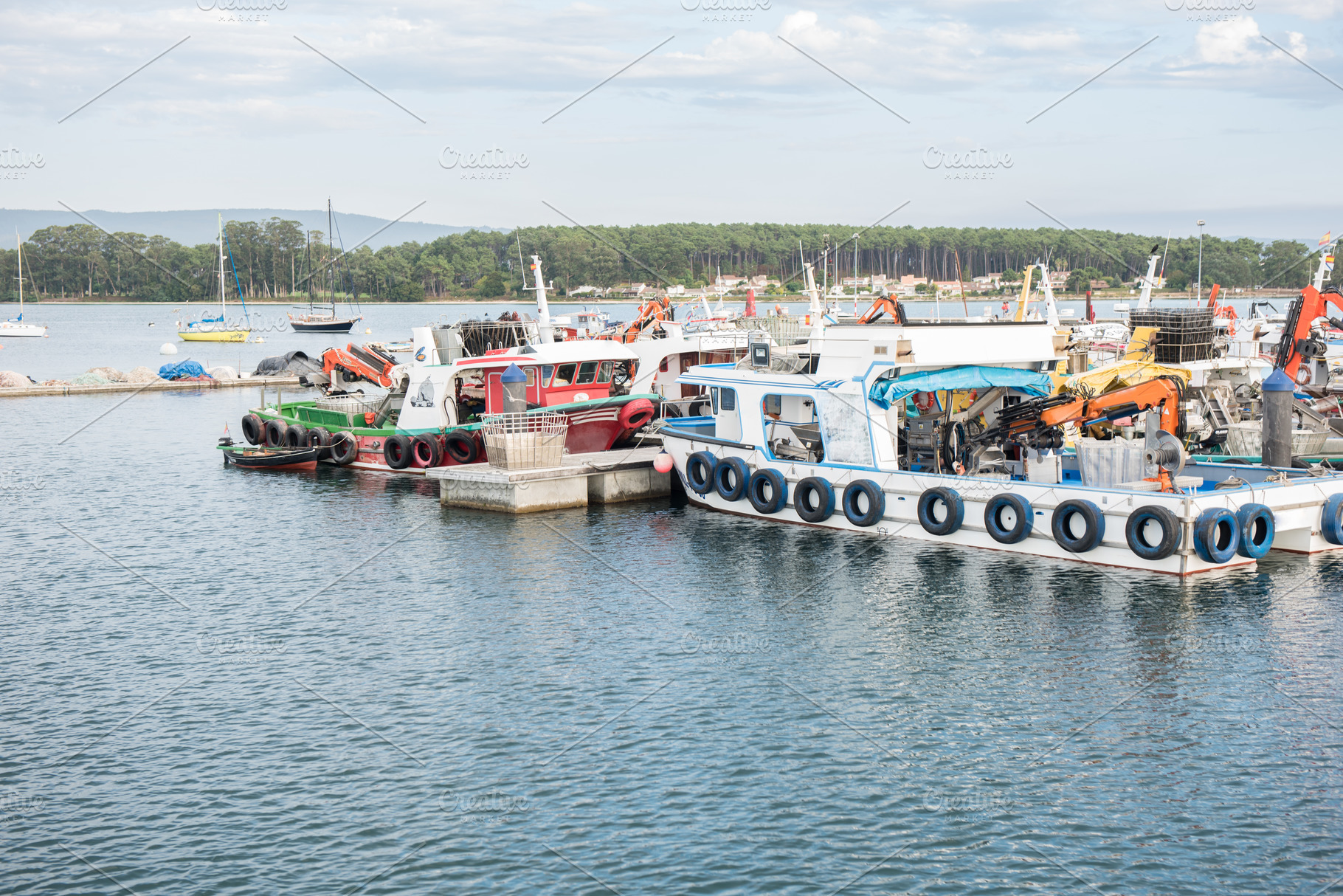 Mussel aquaculture boats stock photo containing landscape and spain, a Transportation Photo by BREATING NATURE