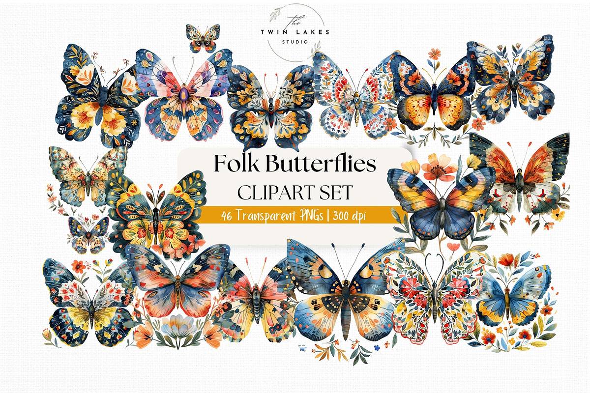 Watercolor Folk Butterflies Clipart, a Decorative Illustration by The Twin Lakes Studio (Photo 1 of 9)