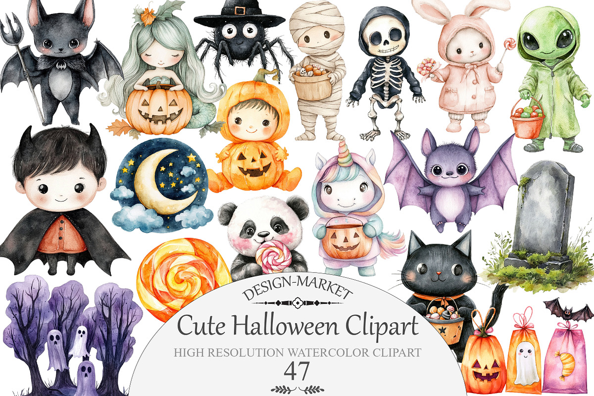 Watercolor Cute Halloween Clipart, an Illustration by Design Market (Photo 1 of 5)