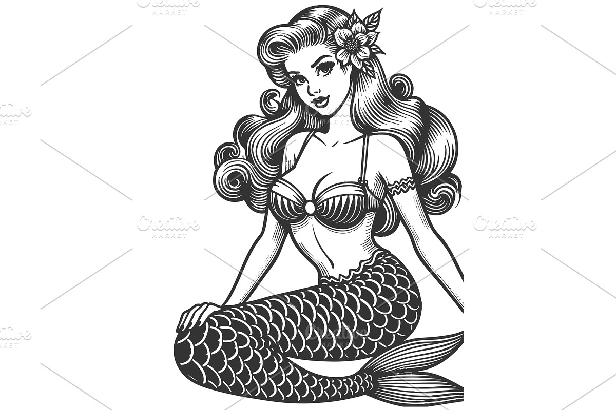 mermaid with flowing hair engraving, a Person Illustration by AlexArt
