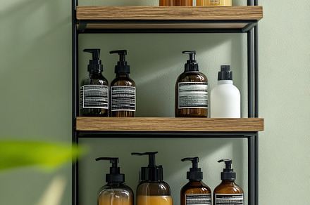 Chic bathroom shelf with bottles, an Architecture Photo by Beautiful things