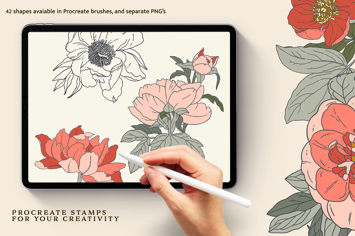 Peony stamp brush set for Procreate, a Brush Add-On by Pink Studio Art