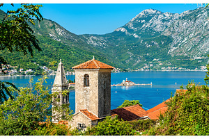 View of the bay of kotor with two containing montenegro, island, and adriatic, an Architecture Photo by Leonid Andronov