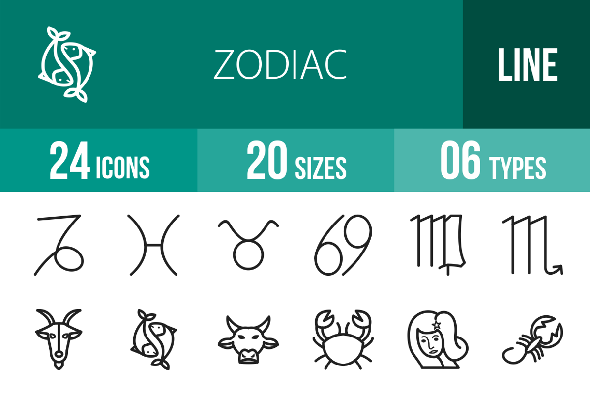 24 Zodiac Line Icons, an Outline Icon by IconBunny (Photo 1 of 3)