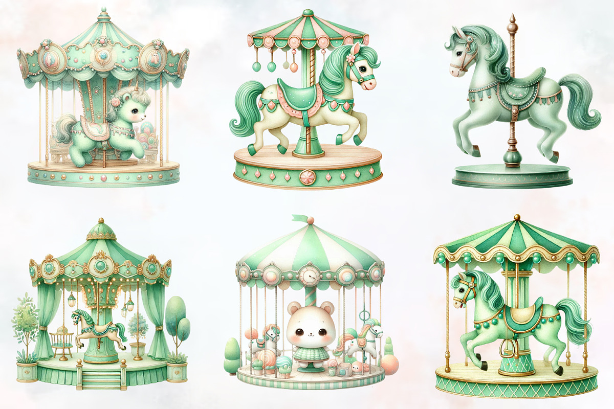 Green Nursery Carousel Horses Clipar, an Illustration by RobertsArt (Photo 6 of 7)