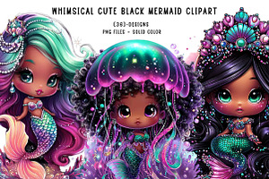 Whimsical Cute Black Mermaid Clipart, an Illustration by CreationArt