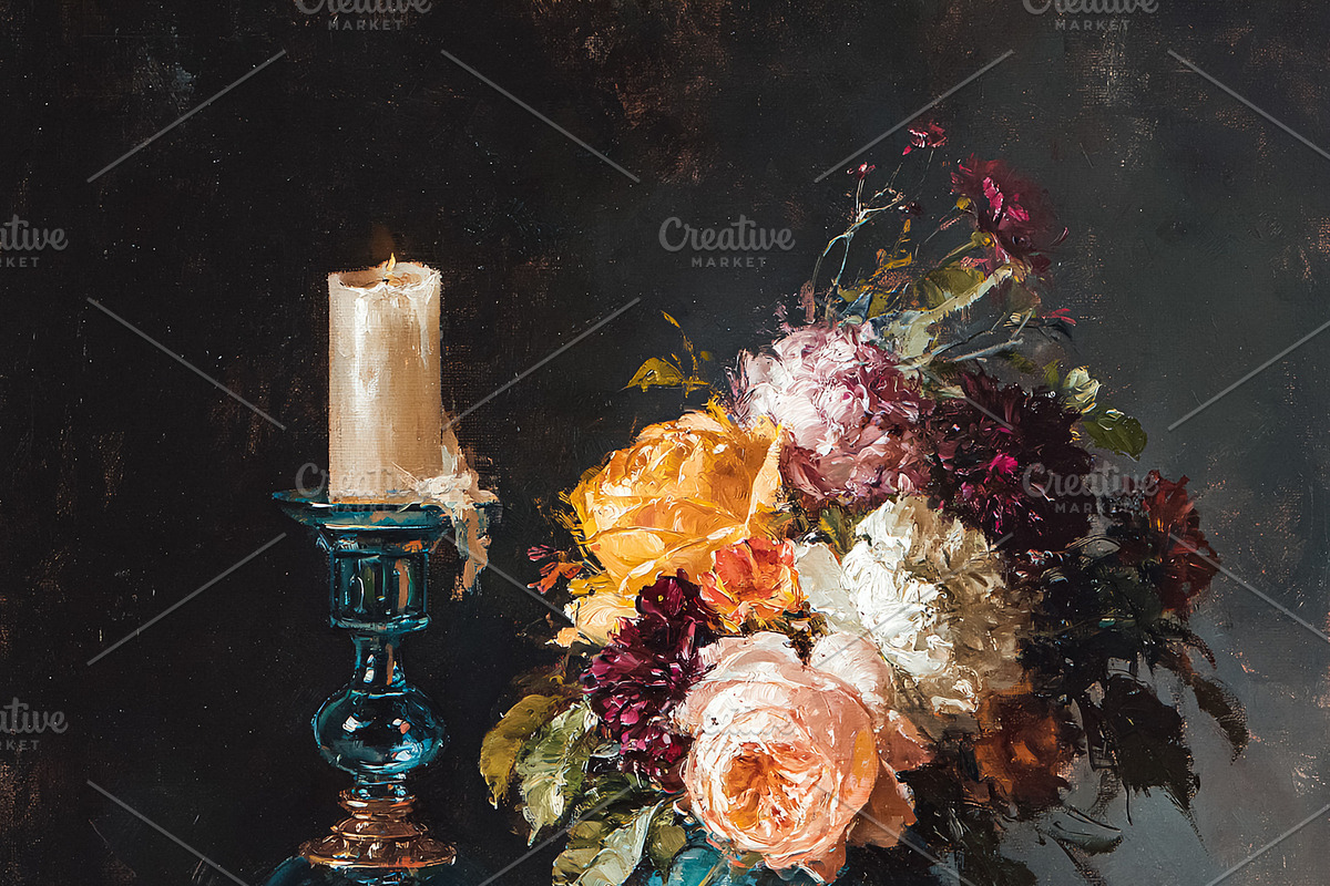 Still life oil painting with flowers, fruit, books, and burning, an Illustration by Studio ANNA