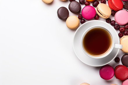 Colorful macarons dessert with cup of tea on white background, a Food & Drink Photo by AlyaAnd