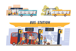 Passengers at bus station set, a Transportation Illustration by Good Studio