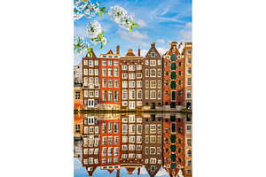 Old buildings in amsterdam at spring containing amsterdam, holland, and canal