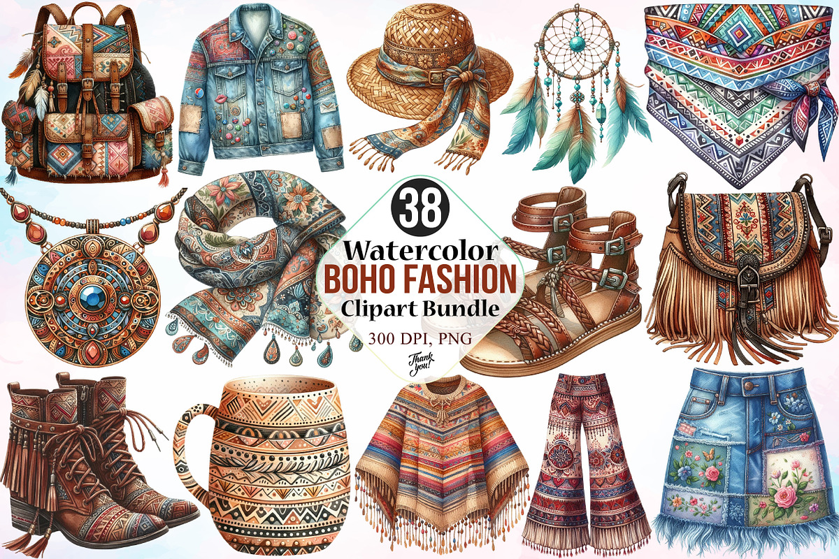 Watercolor Boho Fashion Clipart PNG, an Illustration by Canvas Craft (Photo 1 of 4)