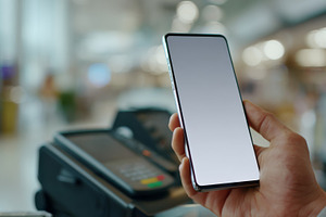 A close-up shot of a hand holding a smartphone with a blank screen, near a paym, a Business Photo by ImageMir