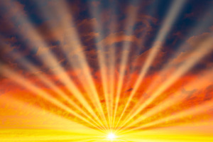 Sunset sky, sun with sun rays beams