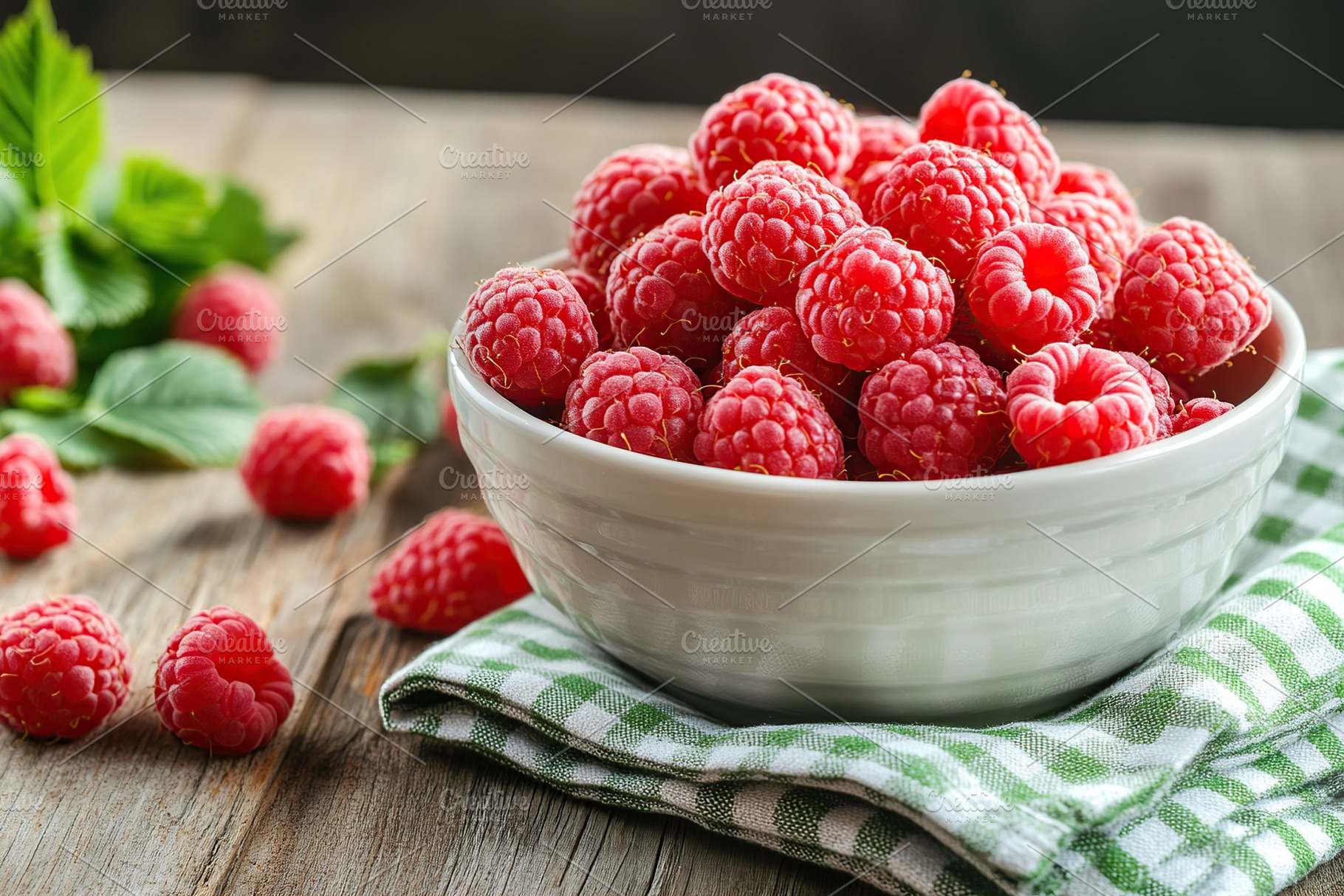 Freshly picked ripe red raspberries in a ceramic bowl on a wooden surface, a Food & Drink Photo by AlyaAnd