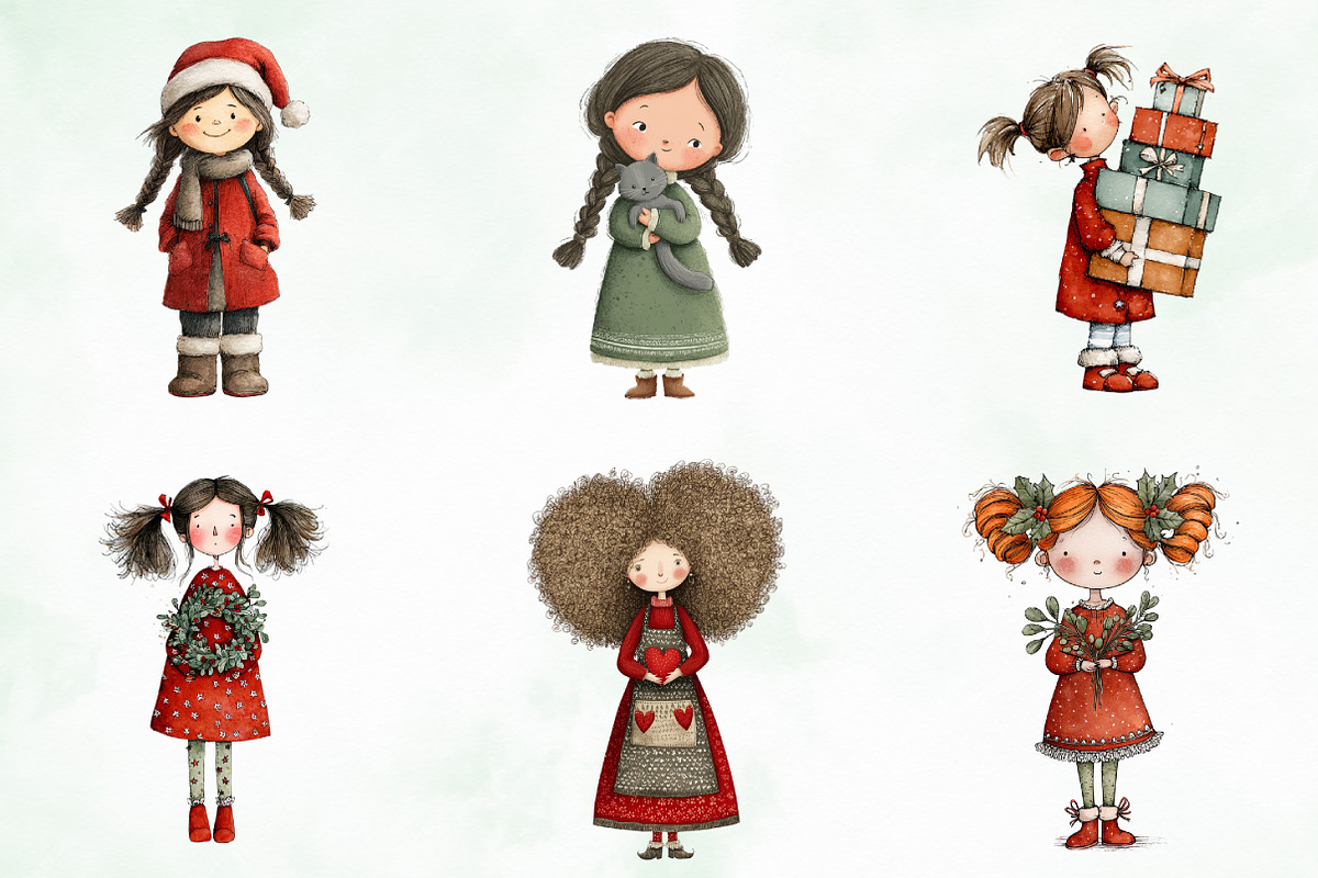 Quirky Funny Christmas Girls Clipart, an Illustration by Creative Art (Photo 2 of 13)