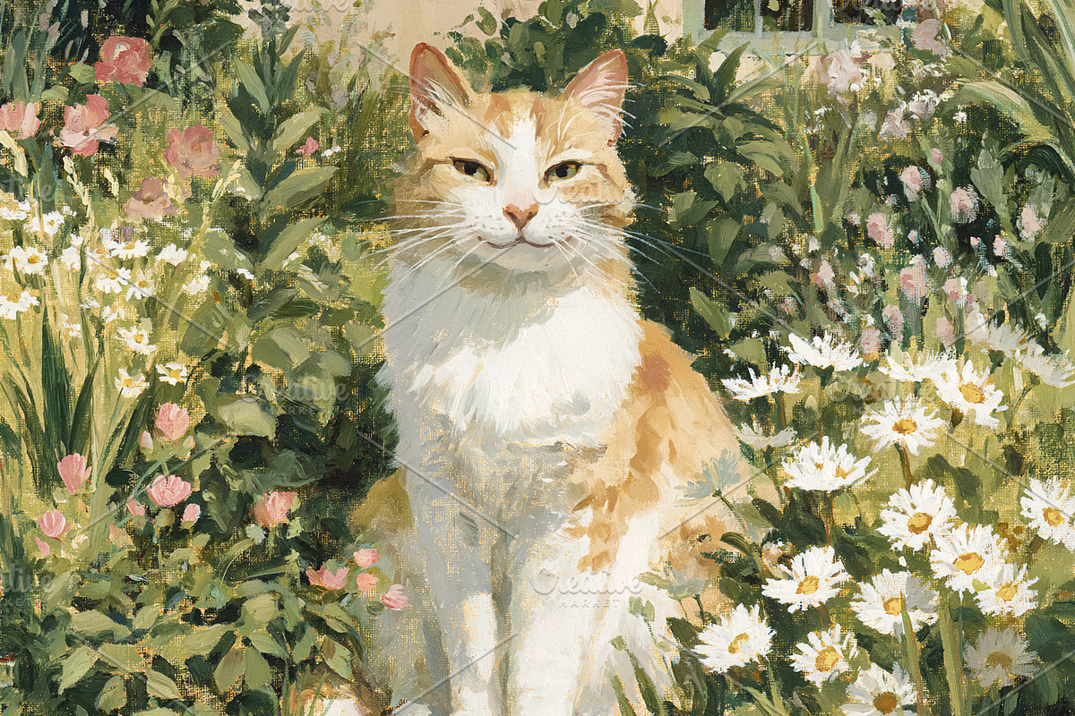 Orange and white cat resting in a vibrant wild flower garden by, a Photo by Studio ANNA (Photo 1 of 2)