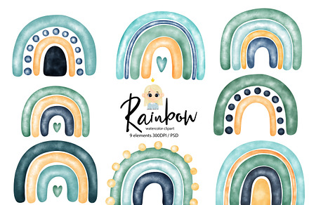 Watercolor blue rainbow clipart