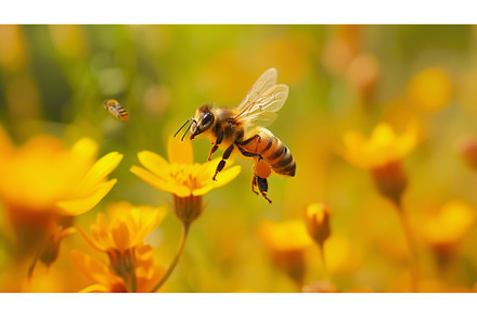 Bee flying over flowers in meadow, an Animal Photo by Lermont51