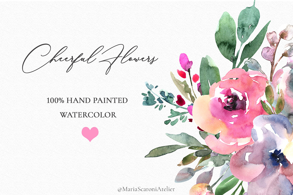 Cheerful Flowers-Watercolor Clipart, a Decorative Illustration by MariaScaroniAtelier (Photo 6 of 7)