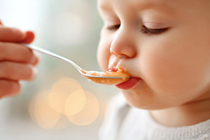 Baby enjoying mealtime with a spoon, a Person Photo by AlyaAnd