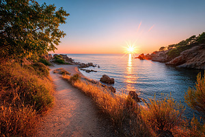 Walking along a serene coastal path at golden hour near the peaceful shoreline, a Nature Photo by AlyaAnd