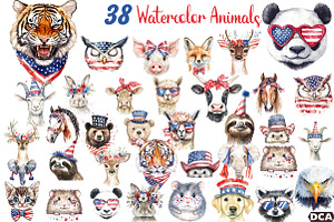 Watercolor Animal 4th of July Clipar, an Illustration by DreamCafeArt