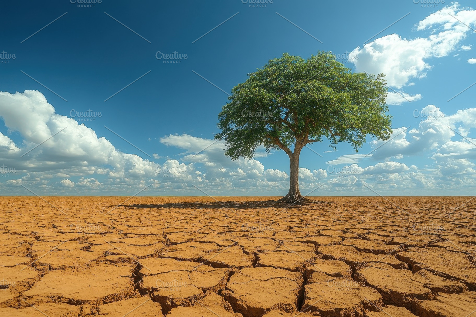 Dry landscape with a lone tree under, a Photo by Tanuart