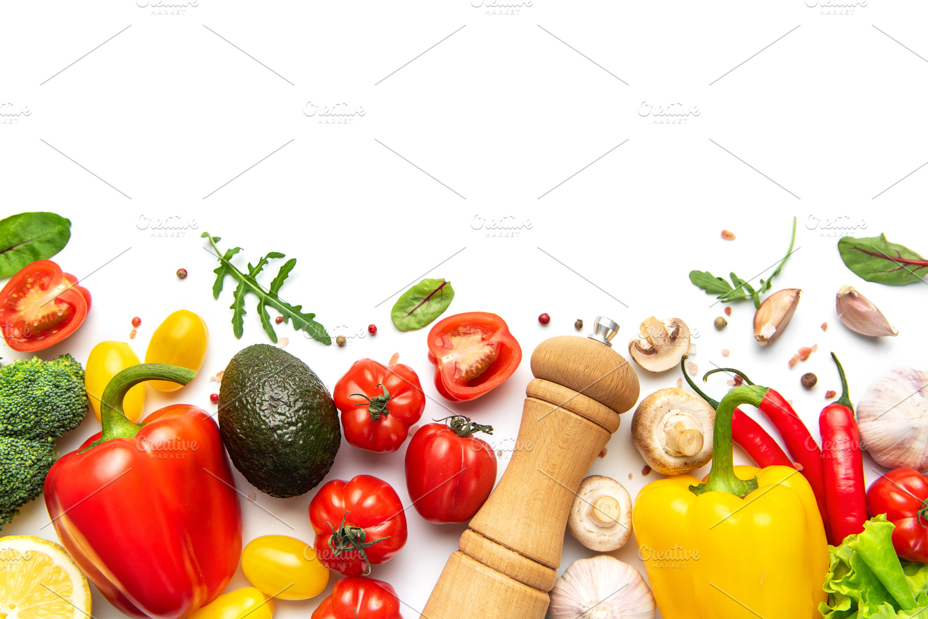 Fresh organic vegetables and spices creating a healthy food bord, a Food & Drink Photo by Olena Rudo