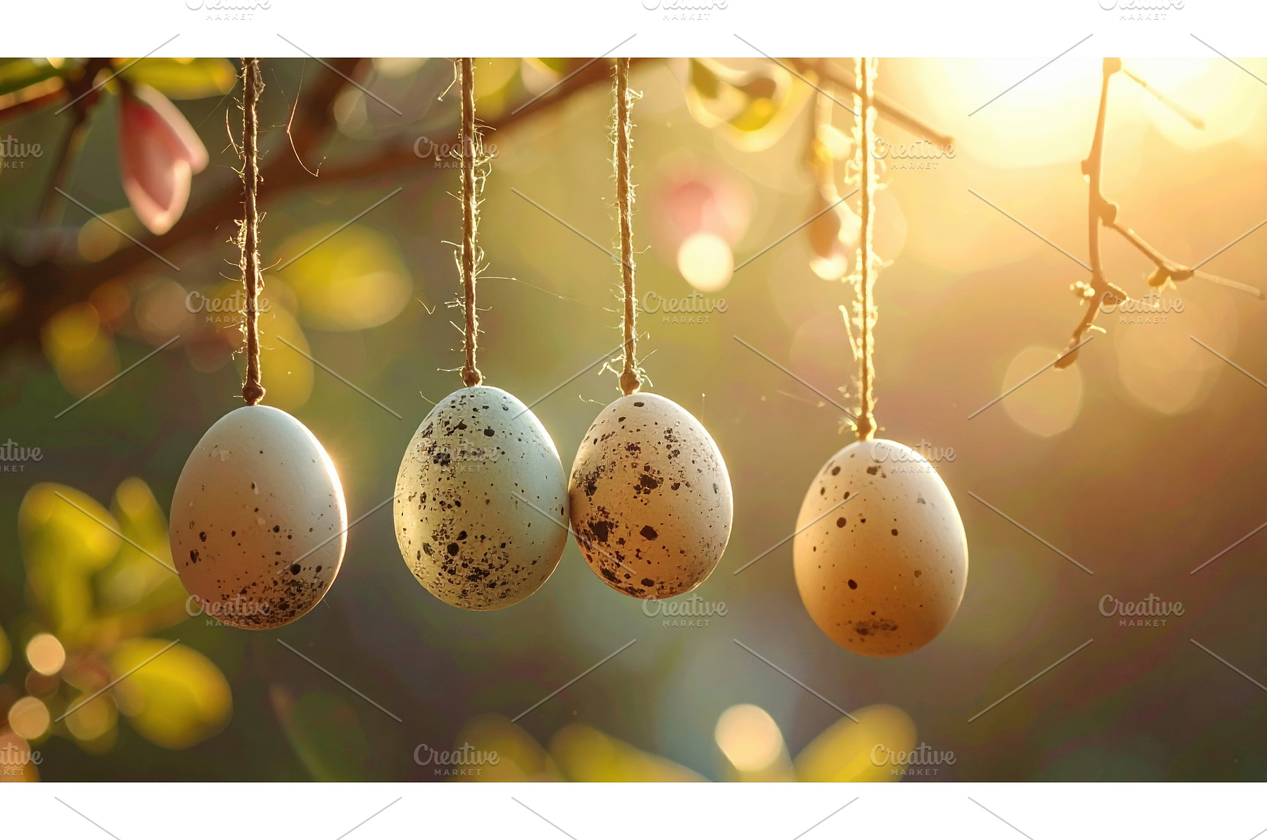 Four speckled eggs hanging on, a Holiday Photo by Igor Tichonow