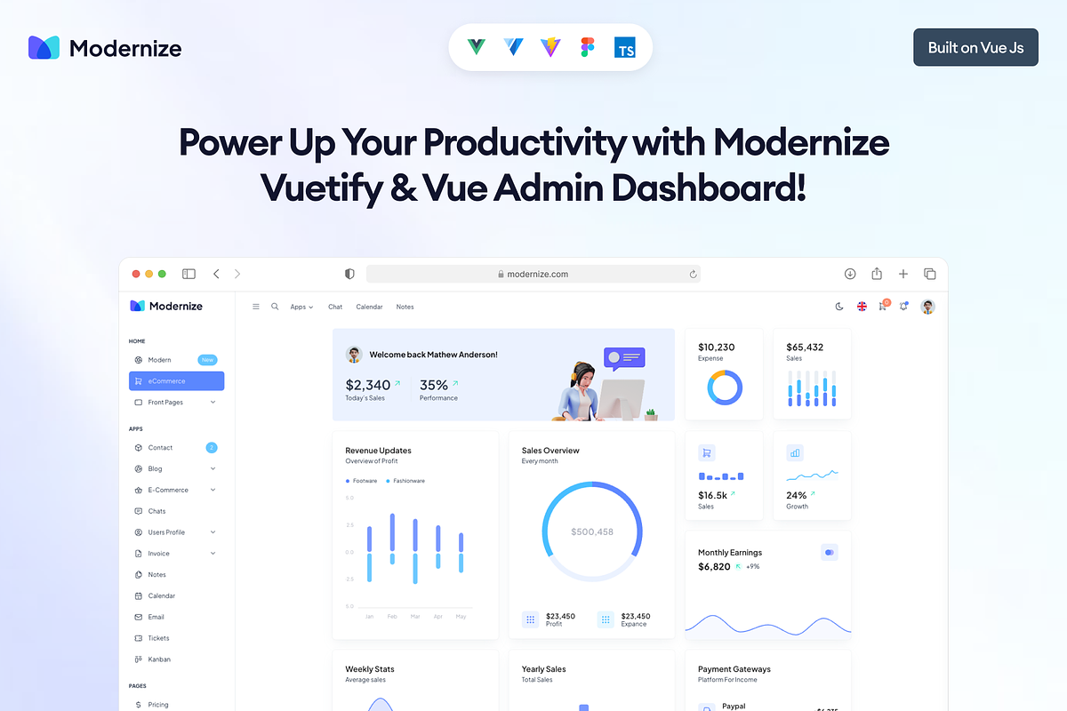 Modernize Vuejs Admin Dashboard, a Vue Template by AdminMart (Photo 1 of 15)