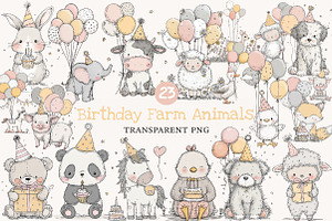 Whimsical Birthday Farm Animals PNG, an Animal Illustration by Designworld