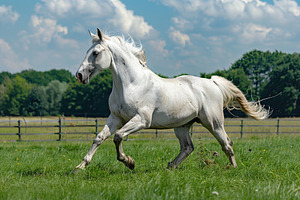 White horse run gallop on green field, an Animal Photo by AlyaAnd