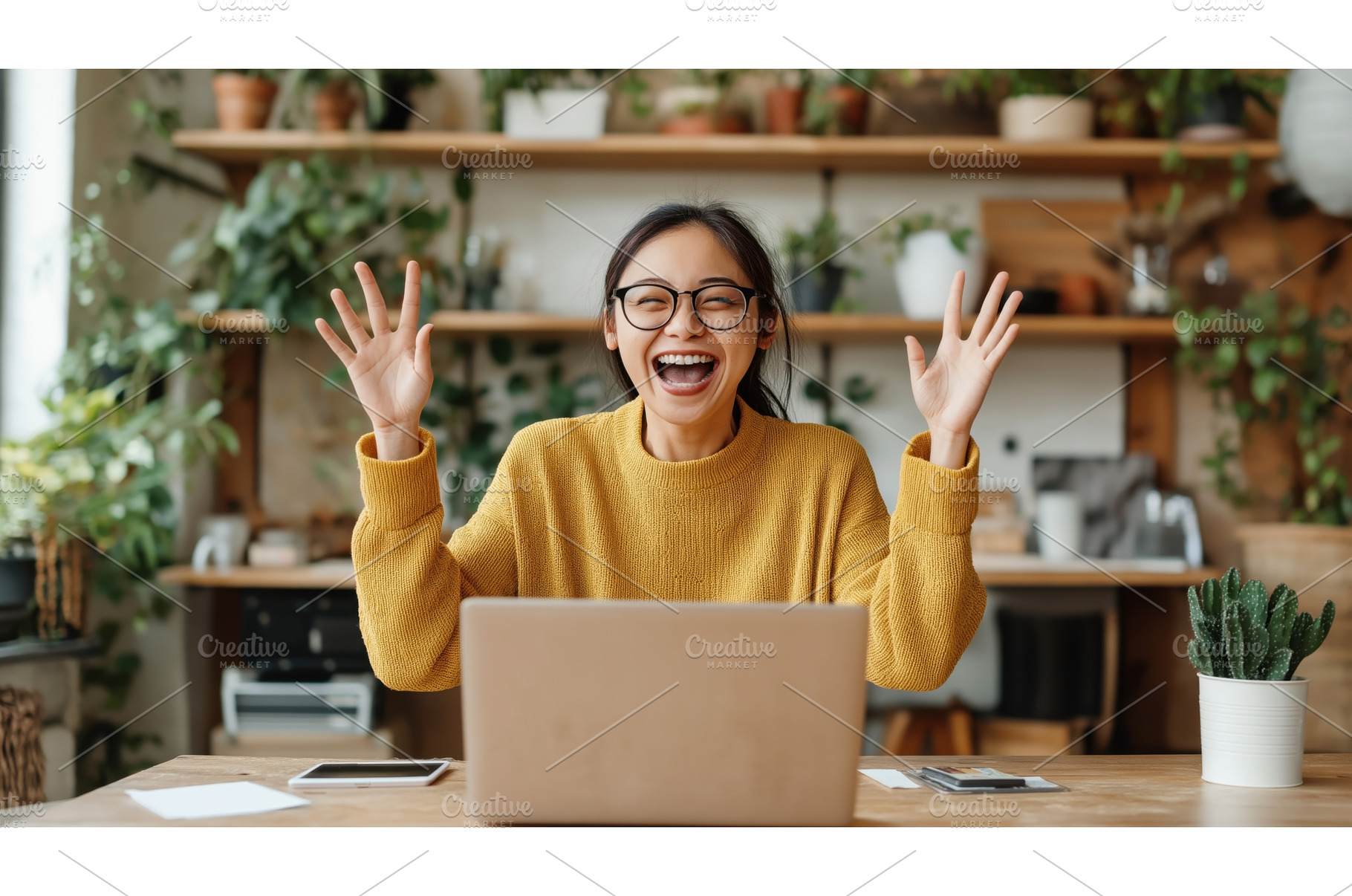 A cheerful Asian woman celebrates, an Architecture Photo by Sergey Kotenev