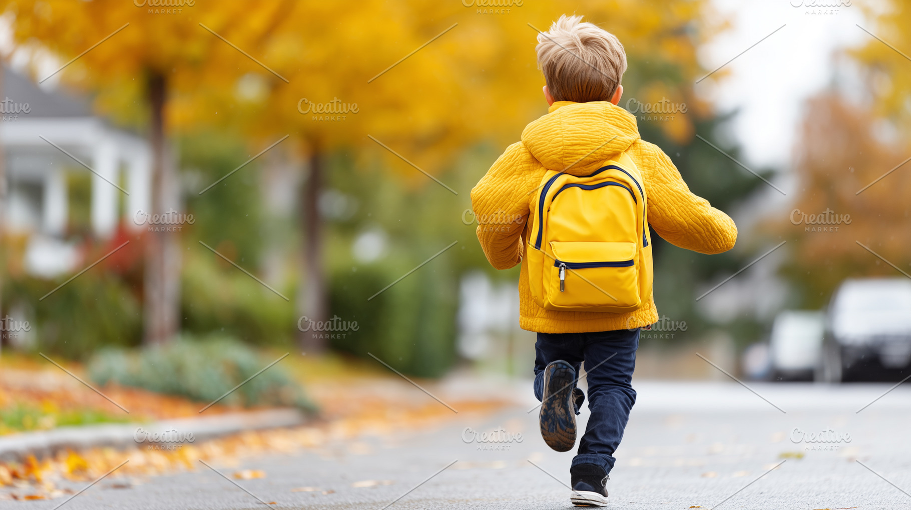 Young boy in yellow jacket backpack, a School & Education Photo by MistyDay