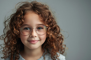 Cute little girl in eyeglasses with curly hair on grey backgroun, a Person Photo by AlyaAnd