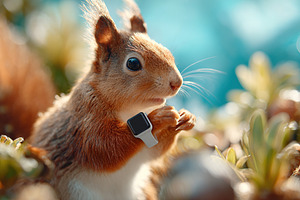 Squirrel with smartwatch explores environment while checking acorn in a sunny p, a Photo by AlyaAnd