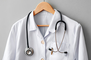 Doctors lab coat with stethoscope hanging on a wooden hanger against a gray bac, a Health & Medical Photo by AlyaAnd