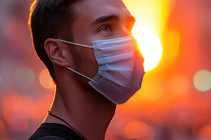 Young man wearing a mask against a vibrant sunset in a busy urban setting, a Person Photo by AlyaAnd