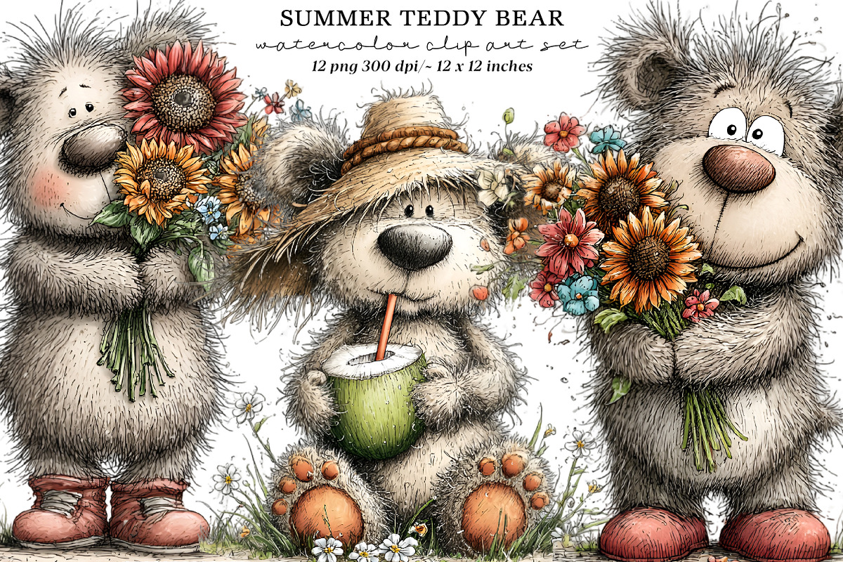 Whimsical summer teddy bear clipart, an Illustration by SinaCreation (Photo 1 of 8)