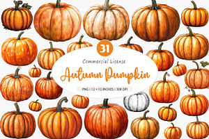 Watercolor Autumn Pumpkin Clipart, an Illustration by SinaCreation