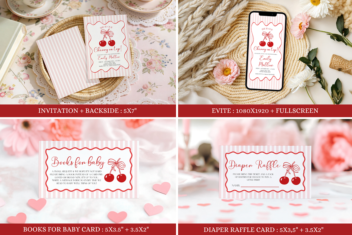 Cherry On Top Baby Shower Bundle, a Stationery Template by VeliusCreativeStudio (Photo 2 of 8)