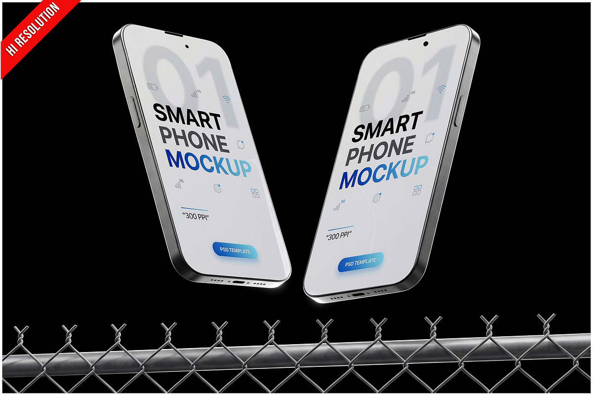 Two Smartphones Chain Link Fence PSD, an Advertising Mockup by Bruno's Shop (Photo 1 of 3)
