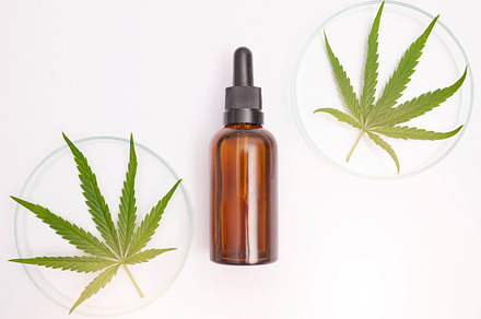 Medicine, natural and oil with leaf of cannabis on white background for health, wellness and treatment. Medicinal marijuana, organic healthcare and cbd oil serum or extract for traditional healing, a Photo by Peopleimages.com