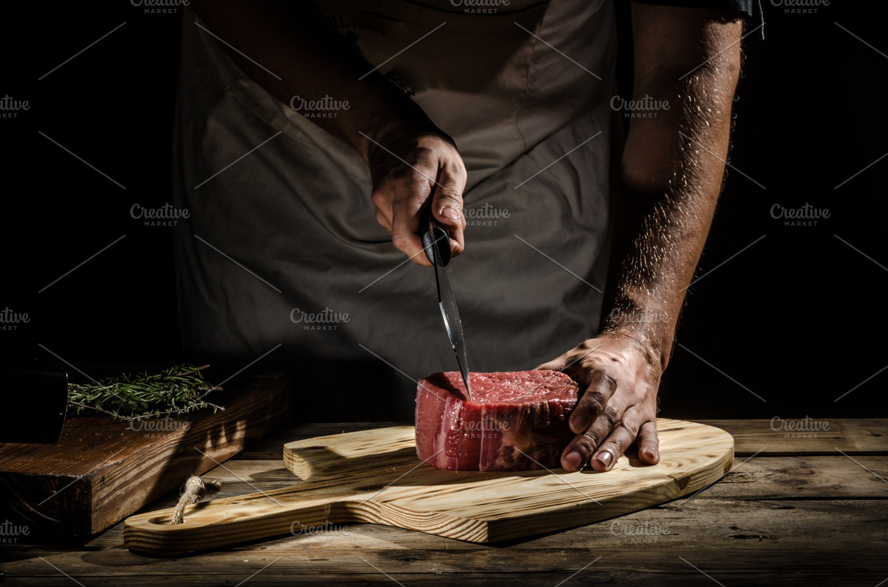 Chef butcher prepare beef steak featuring chef, steak, and kitchen, a ...