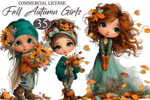 Whimsical Fall Autumn Girls Clipart, a Seasonal Illustration by designcity5