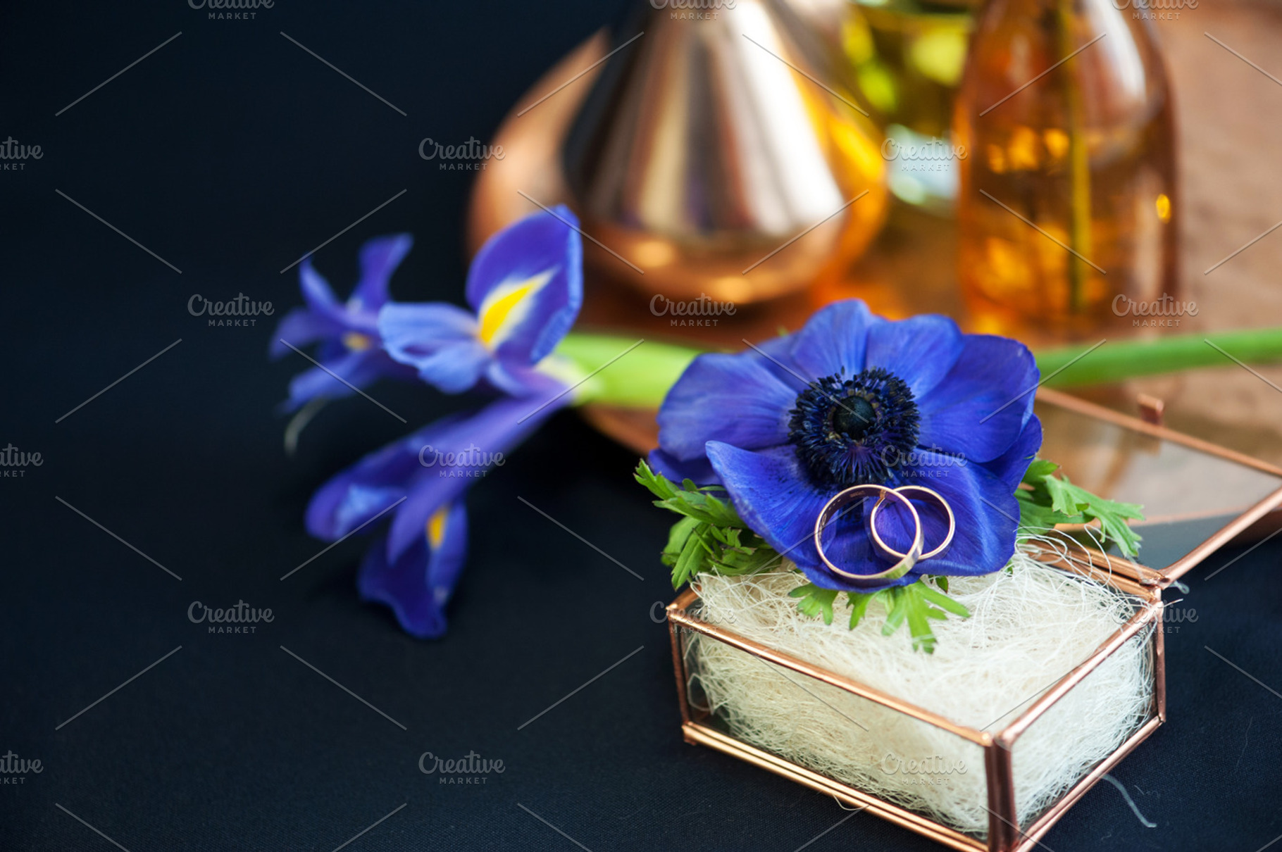 Wedding decor with blue anemones featuring table, white, and anemone, a Holiday Photo by MarinaMassel