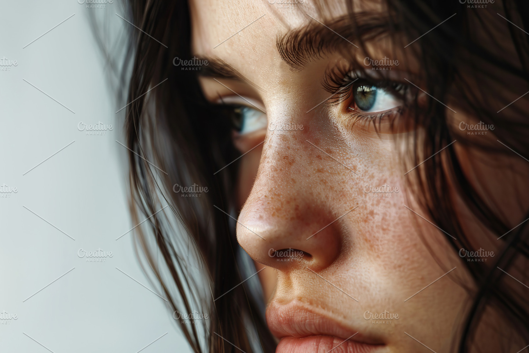 Portrait of young woman with depressive state on grey background, a Person Photo by AlyaAnd