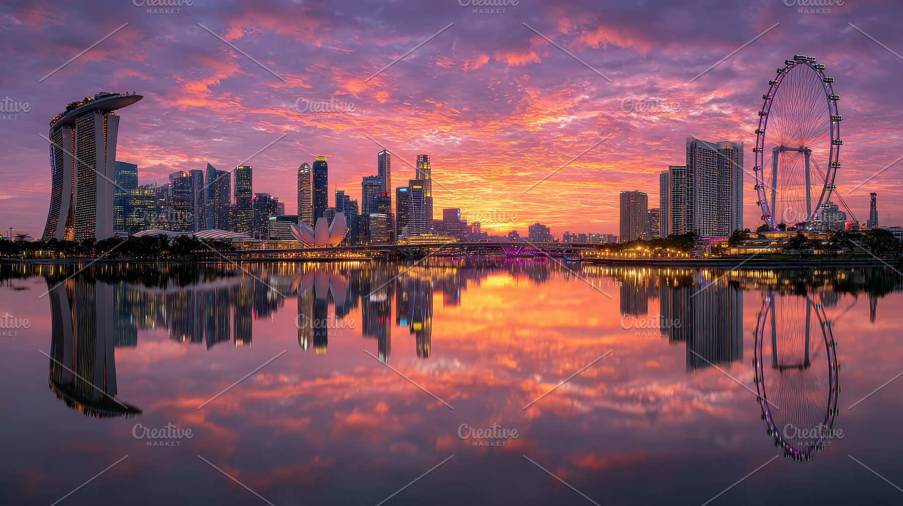 Singapore Skyline Sunset Marina Bay, a Photo by Pixeness Studio